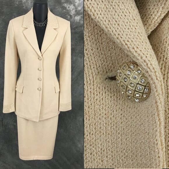 BEAUTIFUL st john evening knit beige rhinestones embellished skirt suit 8 10